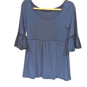 Whim Blue Tunic‎ Top Bell Sleeve Cotton Blend Comfy Casual Cute